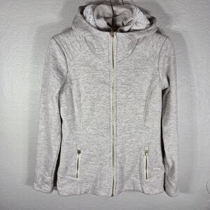 Athleta Women’s Sz S Full Zip Hooded Fleece Mid Length Jacket Cream Long Sleeves